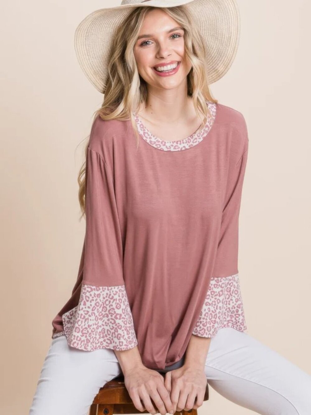 Animal Print Contrast Bell Sleeves Fashion Top With Gathered Front Hem